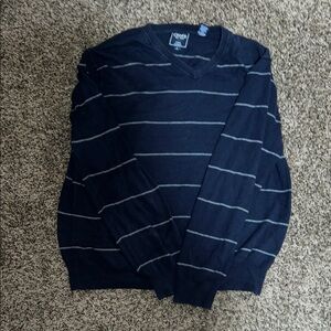 Chaps Men's Navy V-Neck Sweater with Gray Stripes